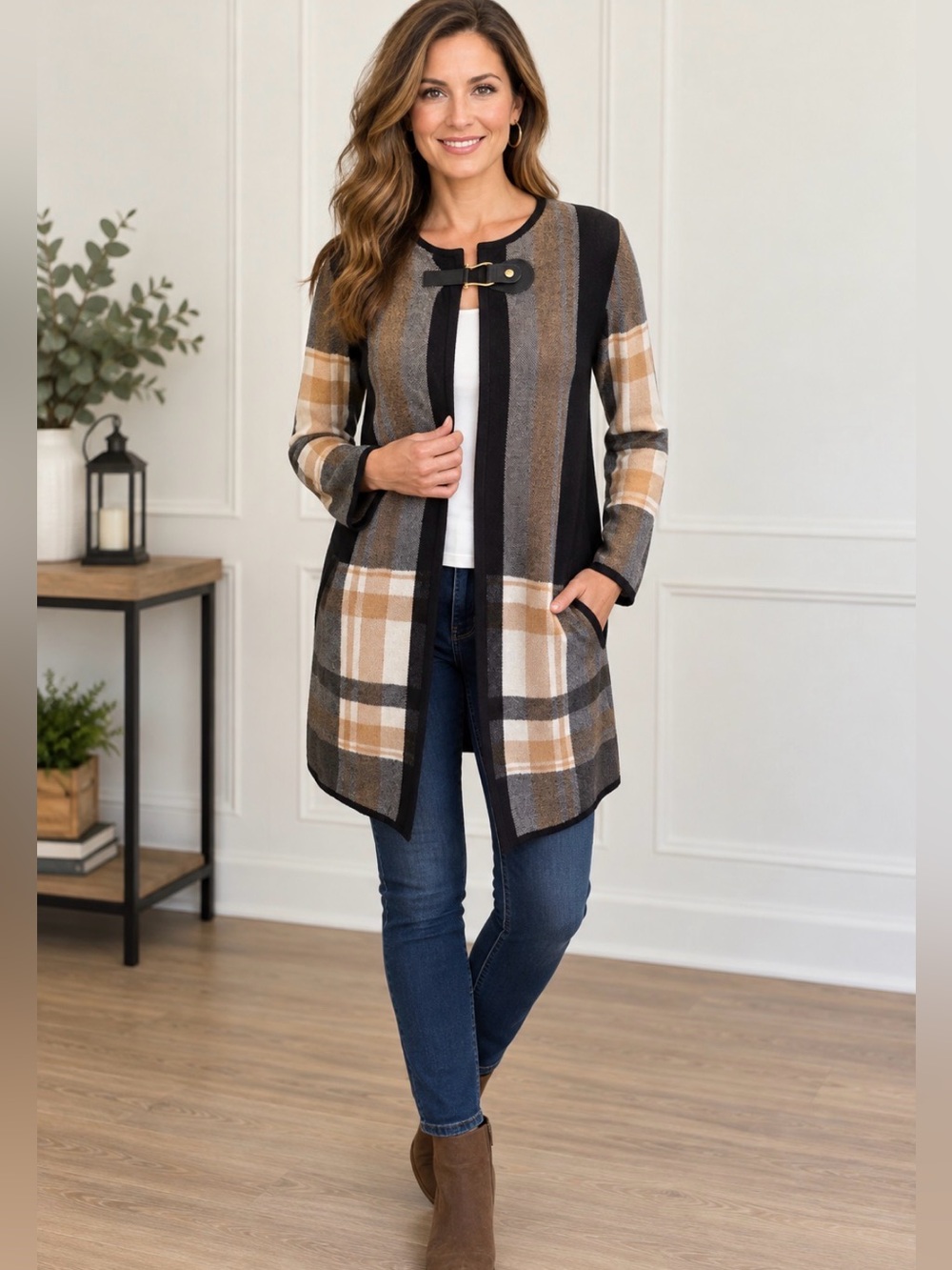 Anne Klein Black Tan Gray Cream Ivory Plaid Cardigan Long Sweater Small S CT